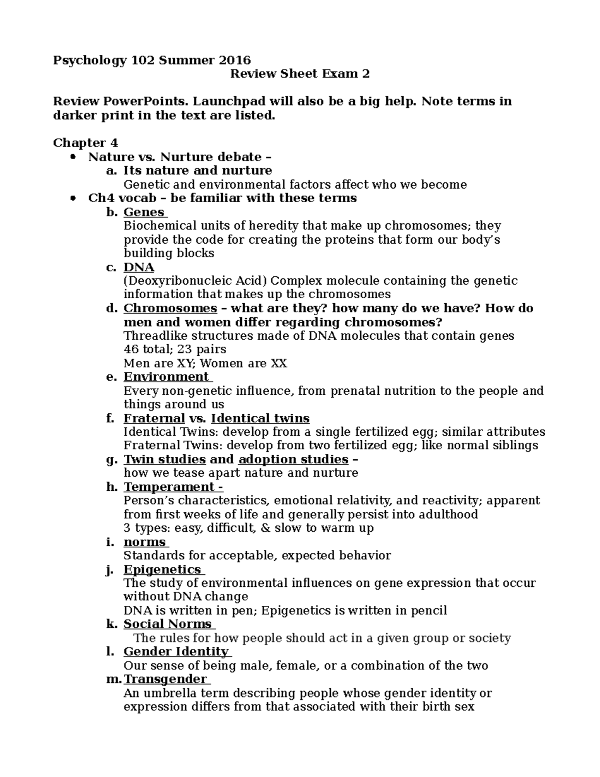 Exam 2 Study Guide (Answers) - Psychology 102 Summer 2016 Review Sheet ...