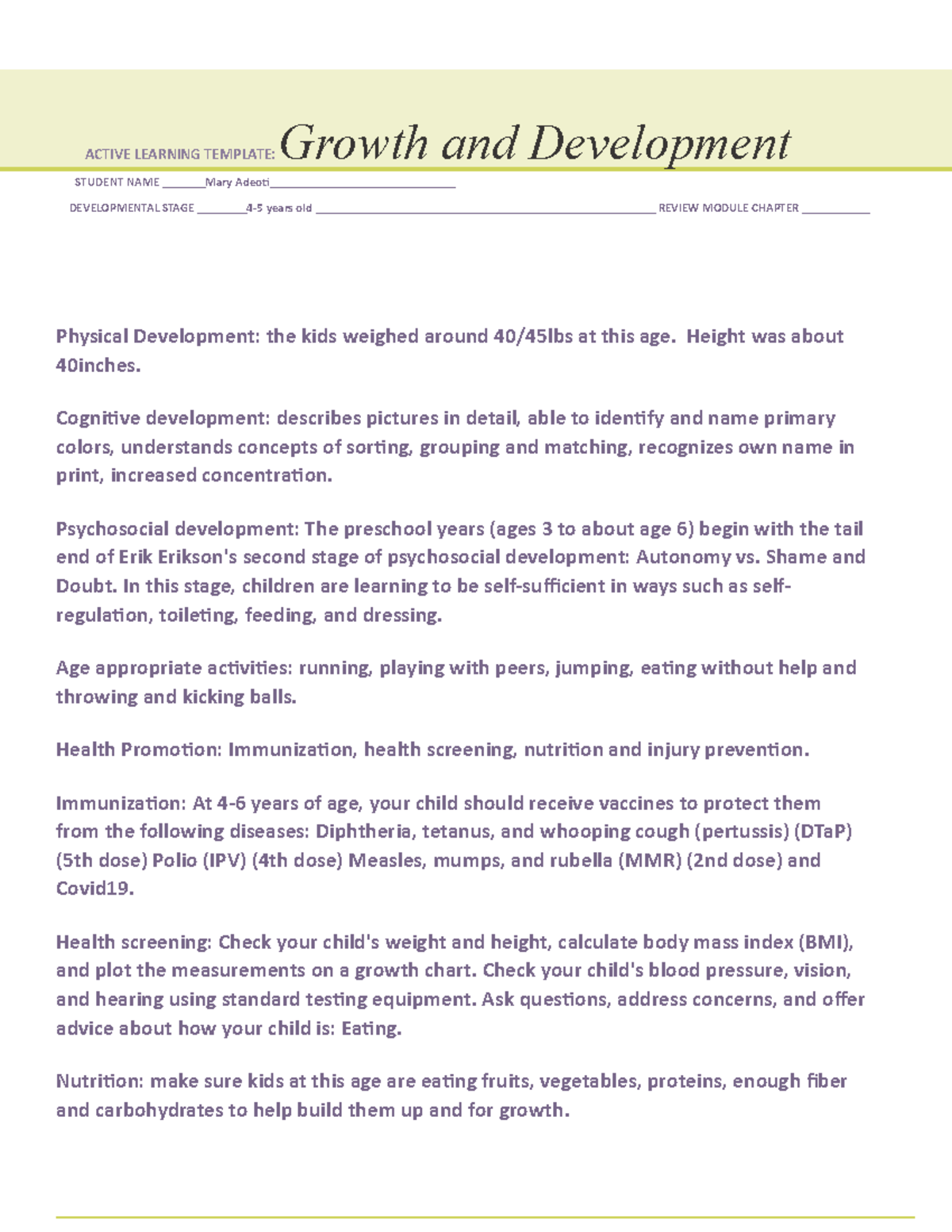 ATI Growth and Development Template1 ACTIVE LEARNING TEMPLATE