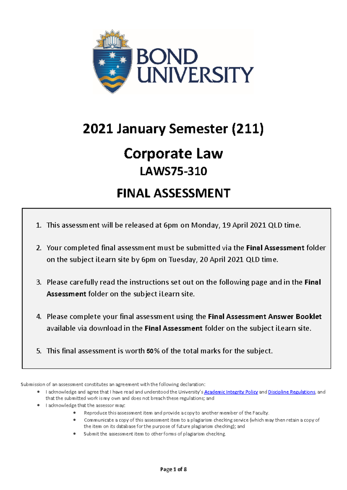 Corporate Law Final Exam (211) - Practice Assessment Instructions and ...