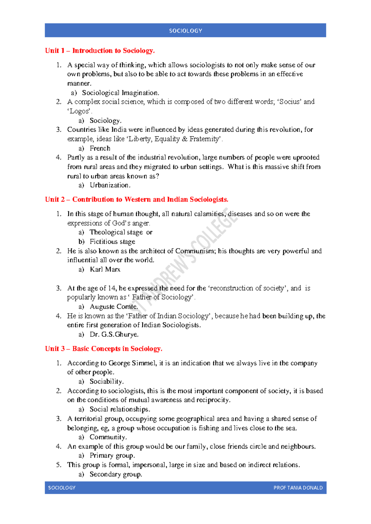 SOCIOLOGY Unit 1-8 Comprehensive Study Guide for Final Exam 2025 - Studocu