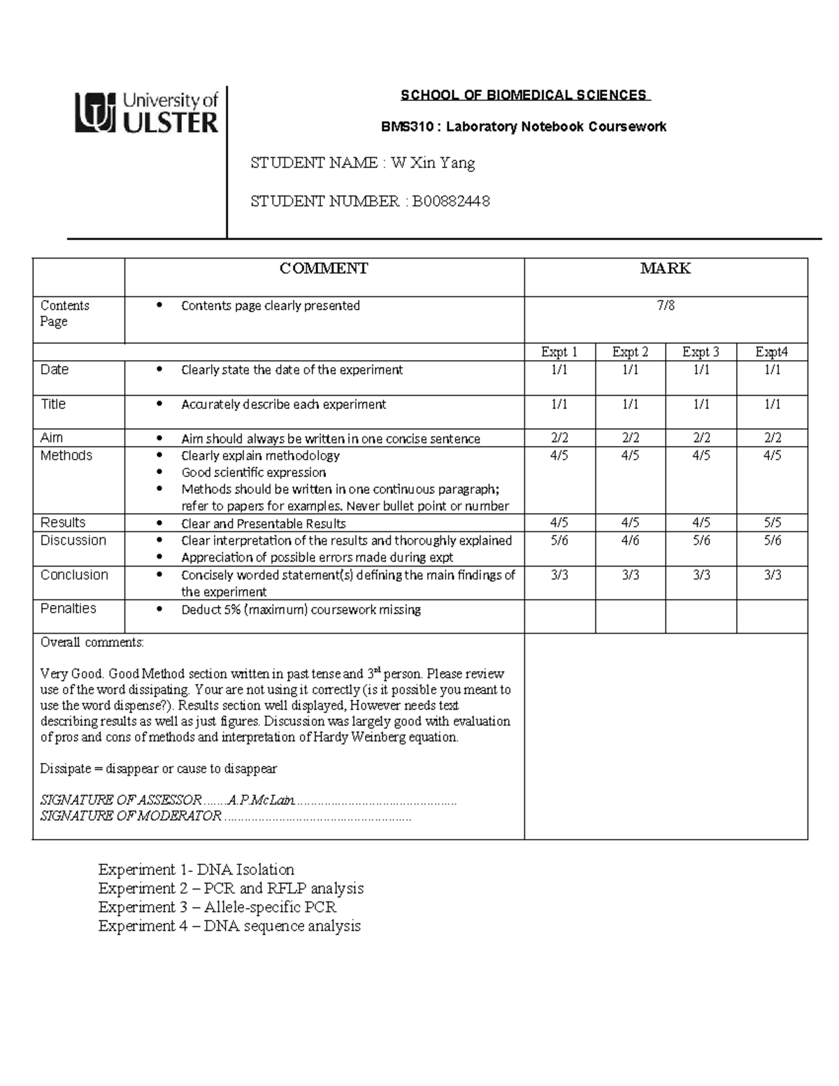 BMS310: Practical Lab Notebook for Experiments and Analysis - Studocu