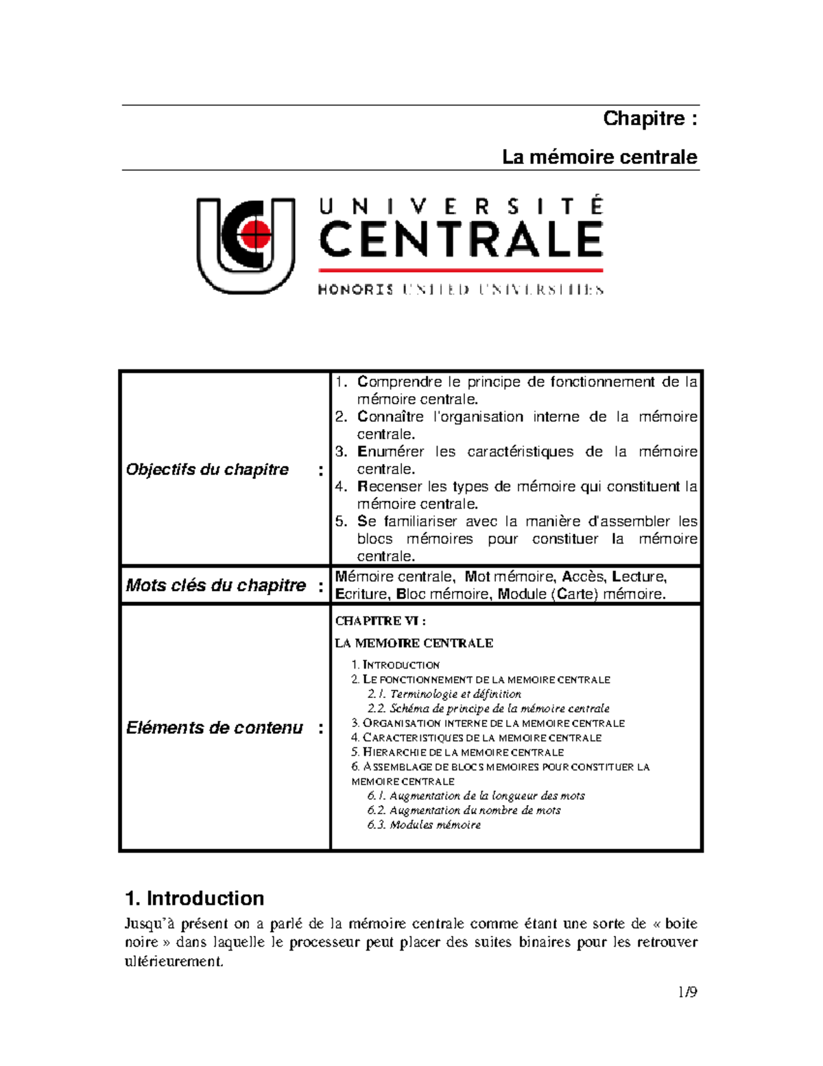 Chapitre VI : La Mémoire Centrale - Concepts et Fonctionnement - Studocu