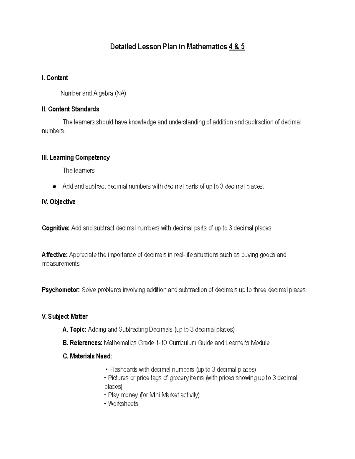 Mathematics 4 Detailed Lesson Plan: Adding & Subtracting Decimals - Studocu