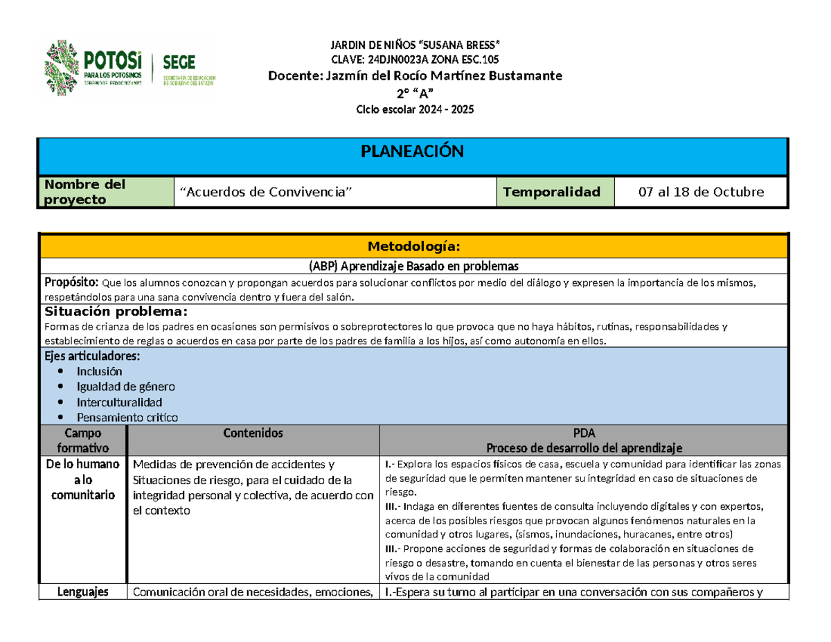 Planificación del Proyecto ABP: Acuerdos de Convivencia - Preescolar 24DJN0023A - Document Preview