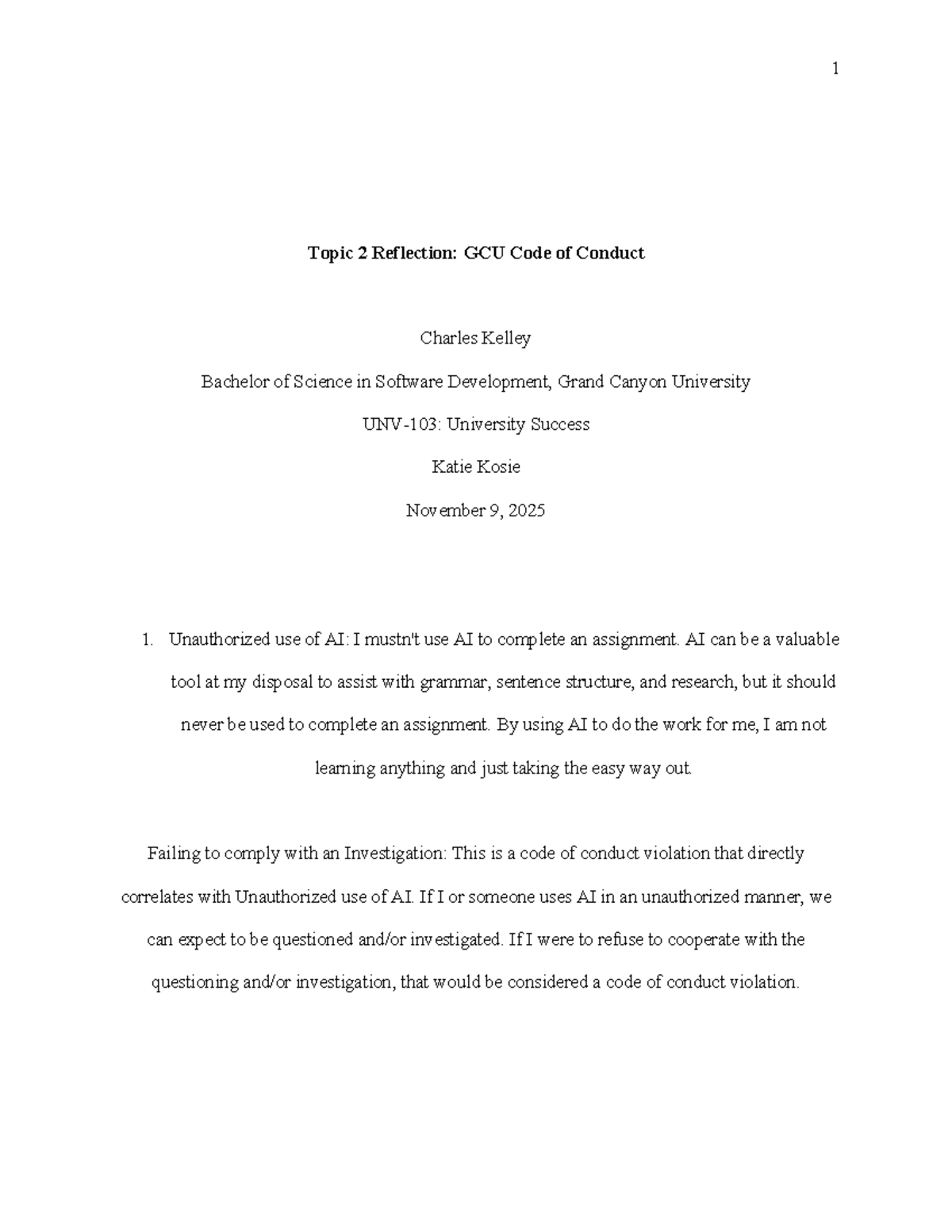 GCU Code of Conduct Reflection: Insights by Charles Kelley - Studocu