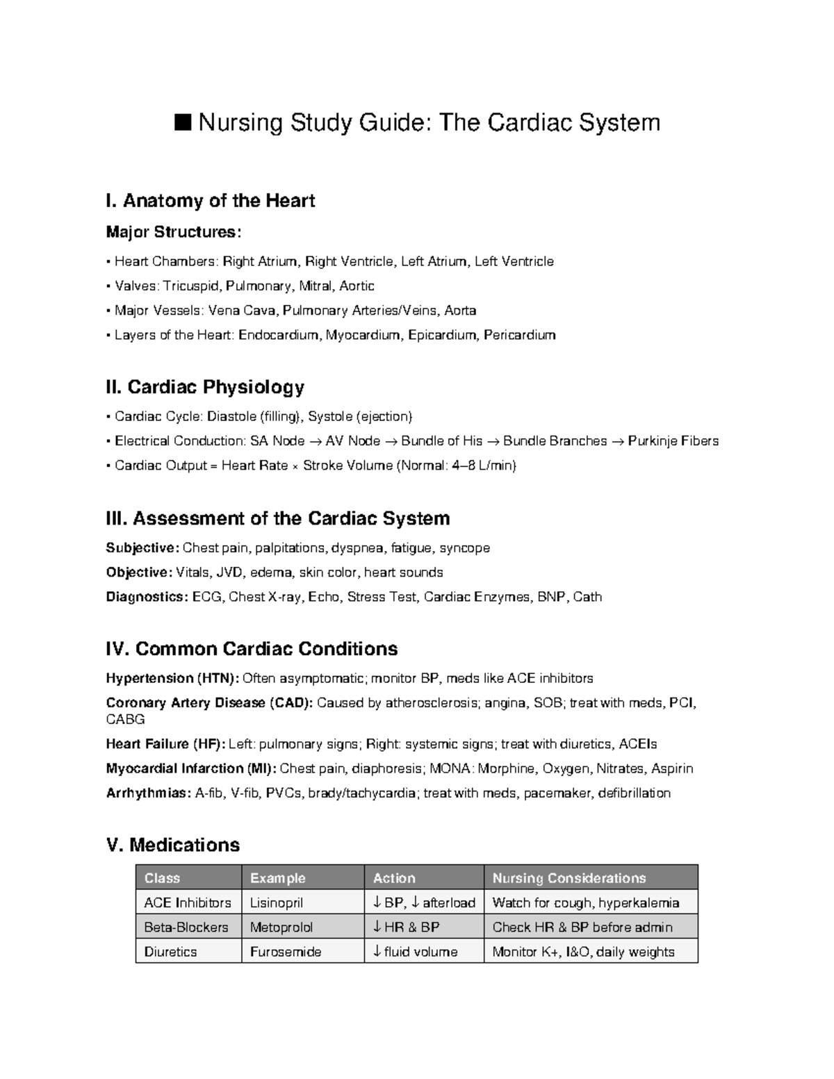 Nursing Study Guide: Cardiac System Overview & Interventions - Studocu