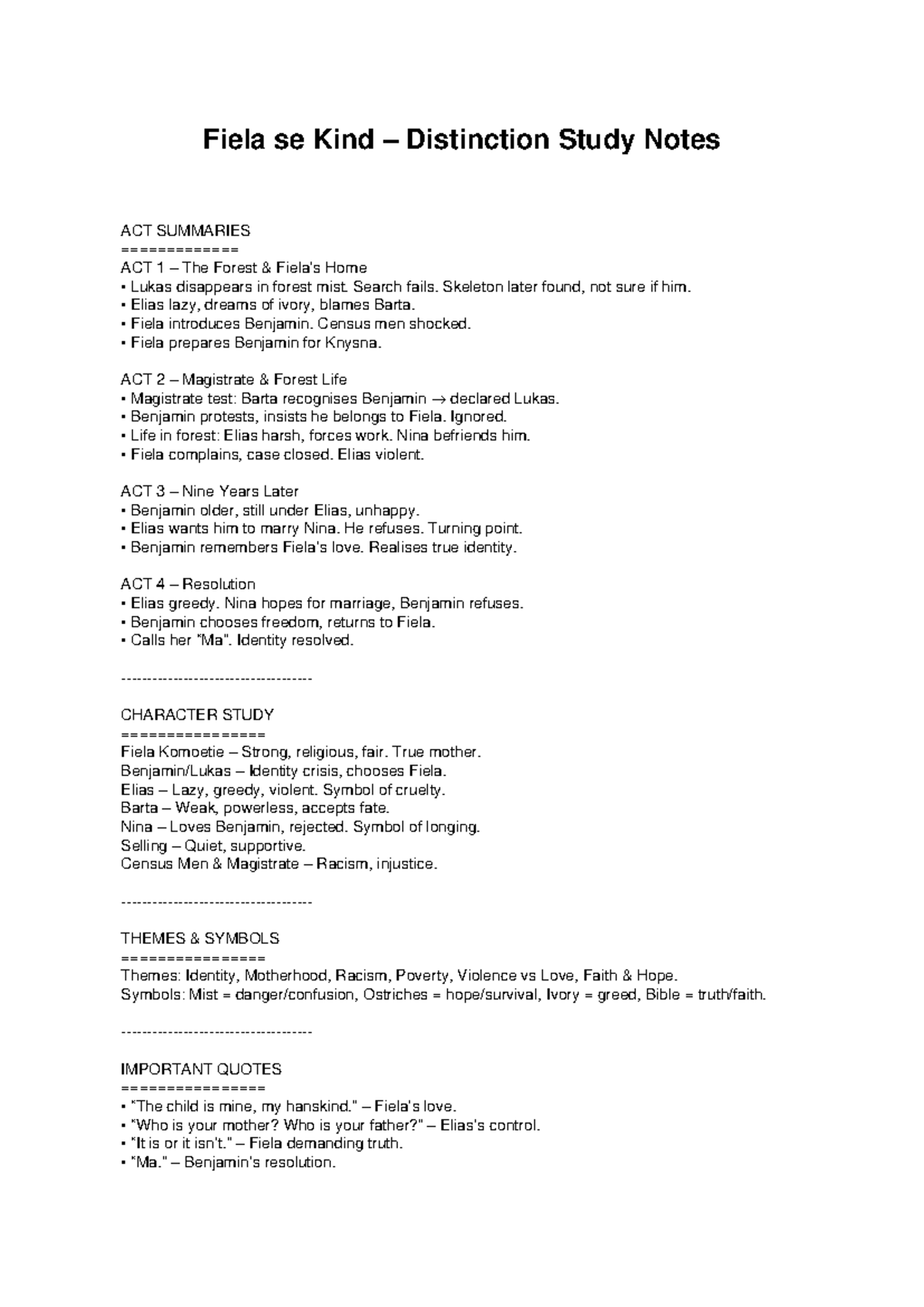 Fiela se Kind Distinction Study Notes: ACT Summaries & Themes - Studocu