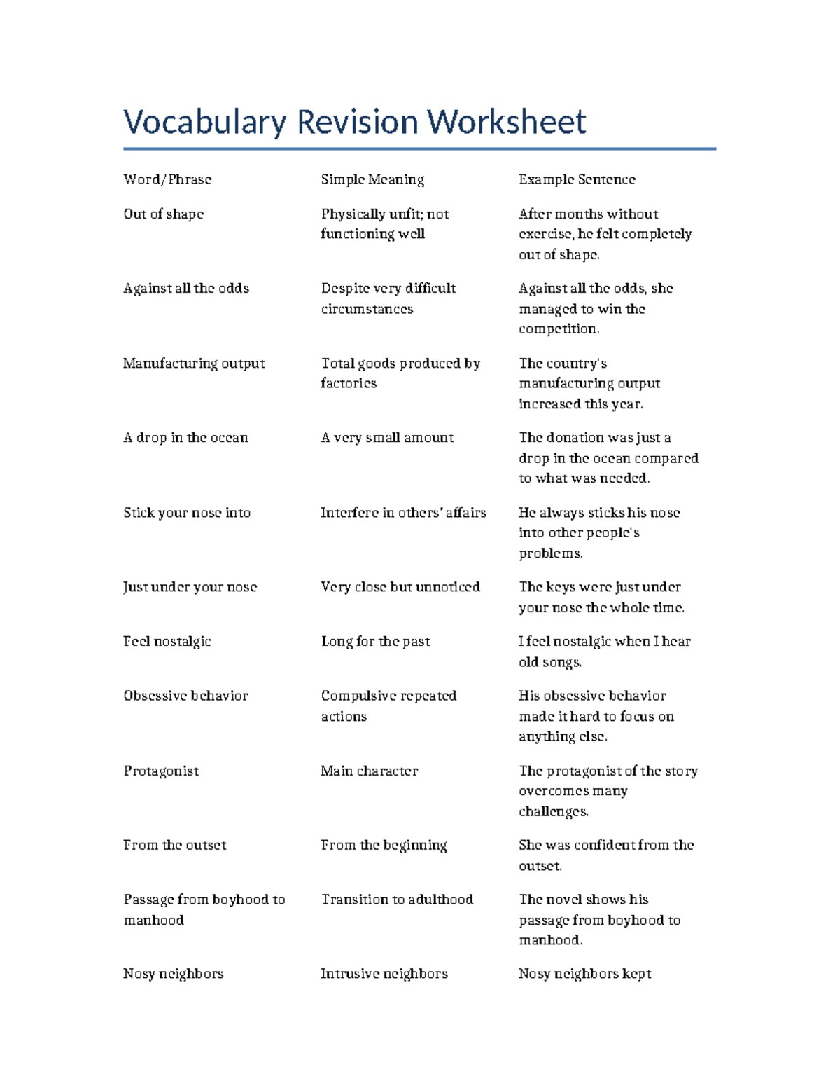 Vocabulary Revision Worksheet: Simple Meanings & Example Sentences ...