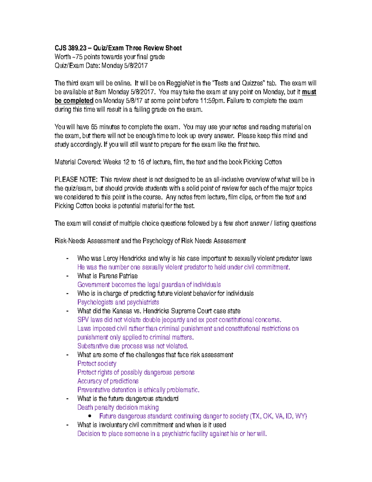 Exam 3 Review sheet - Filled out study guide for exam 3 - CJS 389 ...