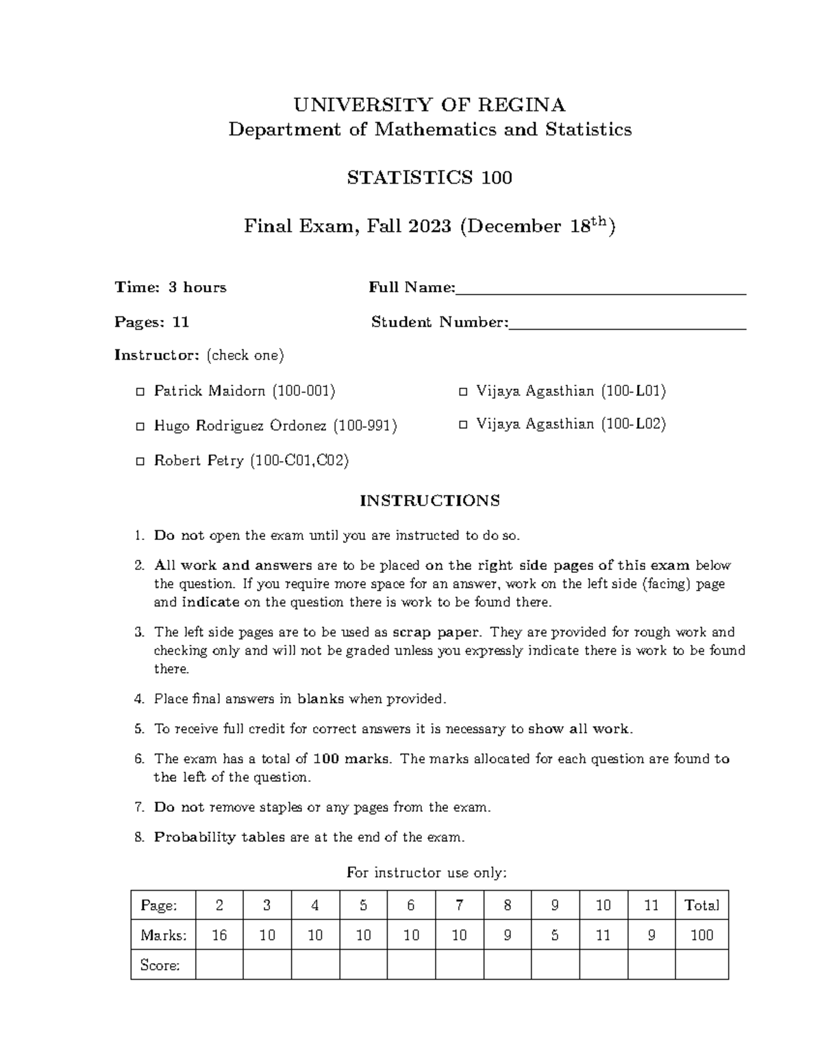 Mock Final Exam Solutions for STATISTICS 100 - Fall 2023 - Studocu
