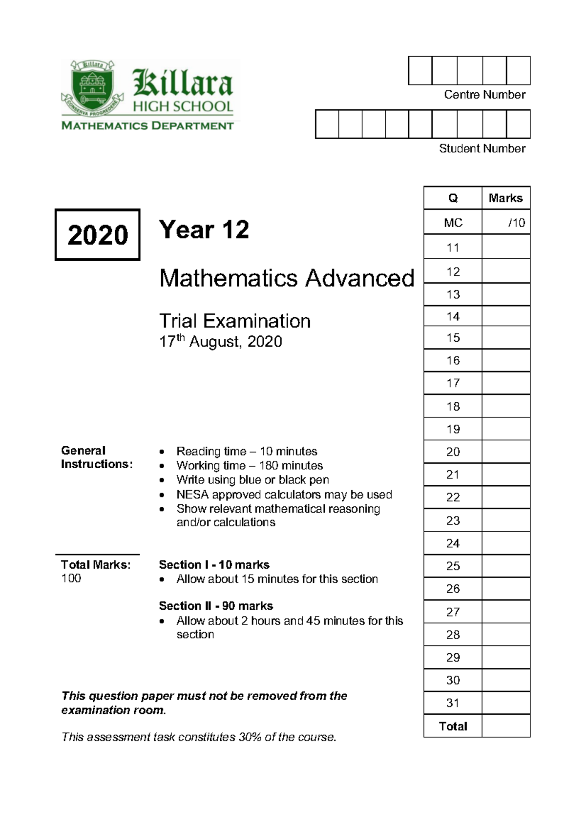 2020 KHS Year 12 Mathematics Adv Trial Exam Questions and Instructions ...