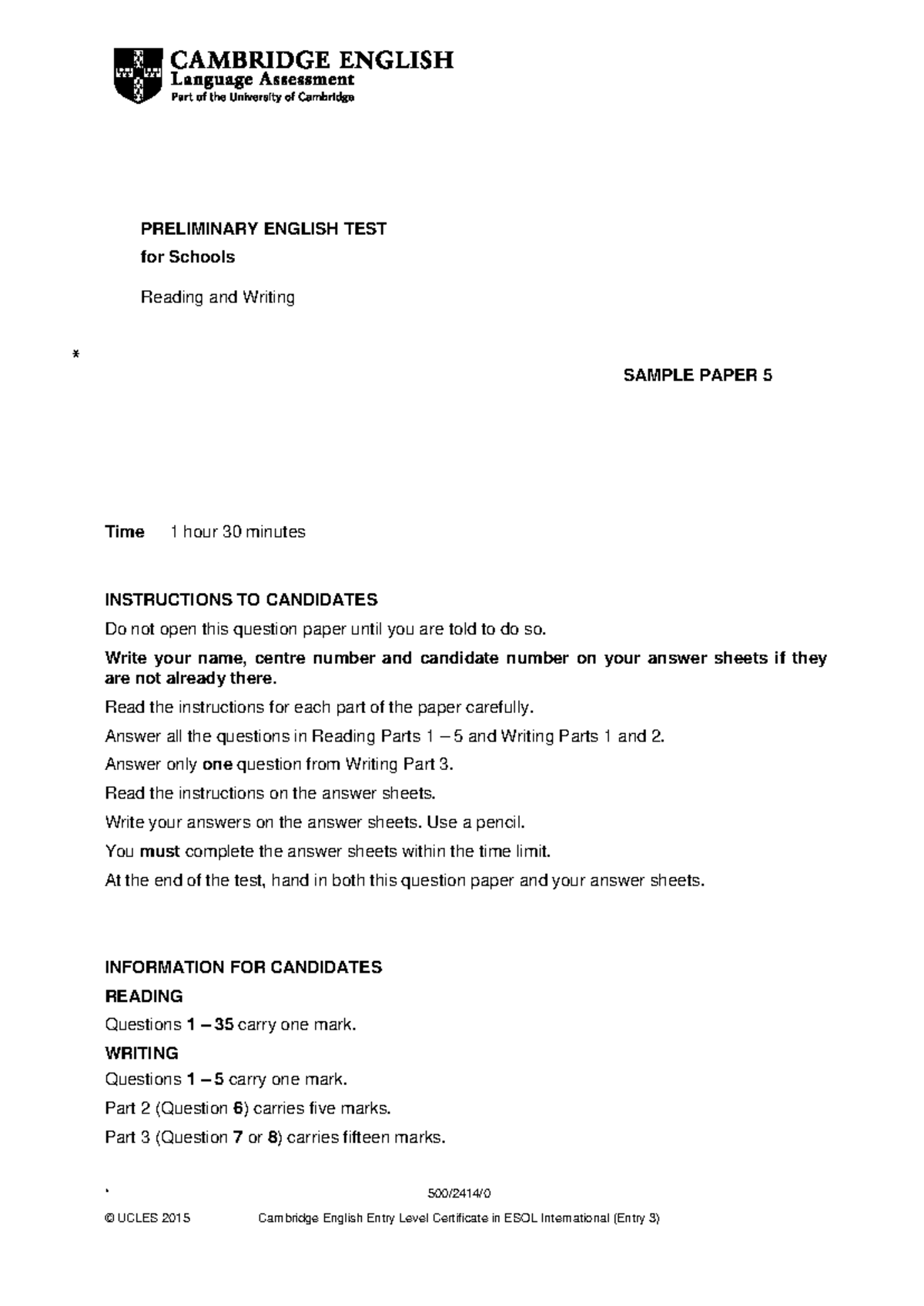 PET cambridge english preliminary for schools sample paper ...