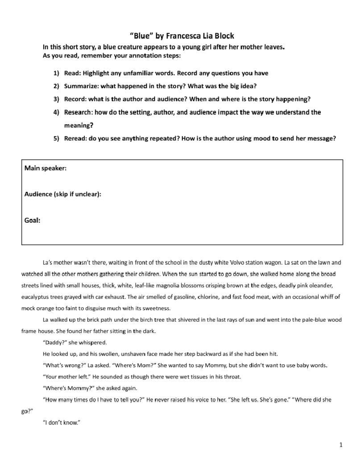 Analysis Notes for In-Class Short Story: "Blue" (Course Code: ENG101 ...