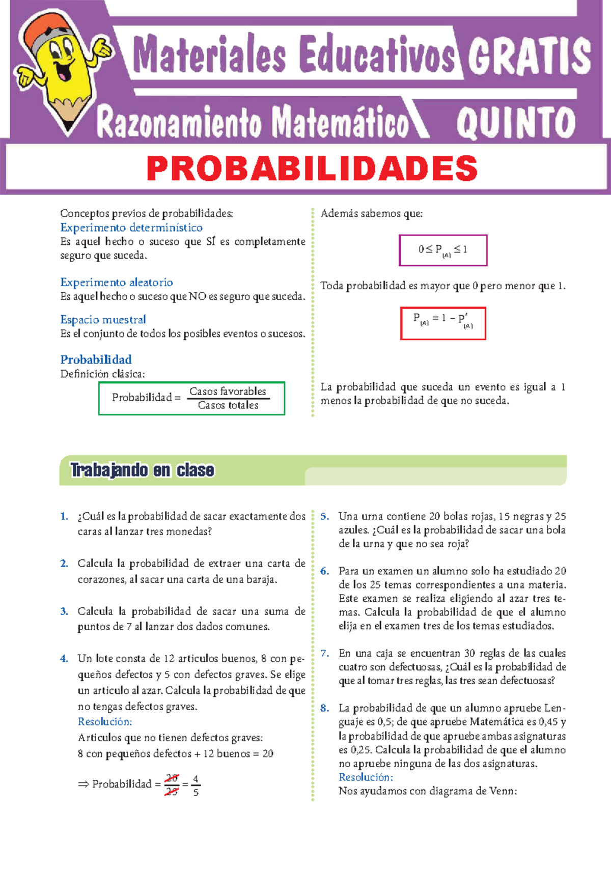 Probabilidades: Conceptos y Ejercicios para Quinto Grado de Secundaria ...