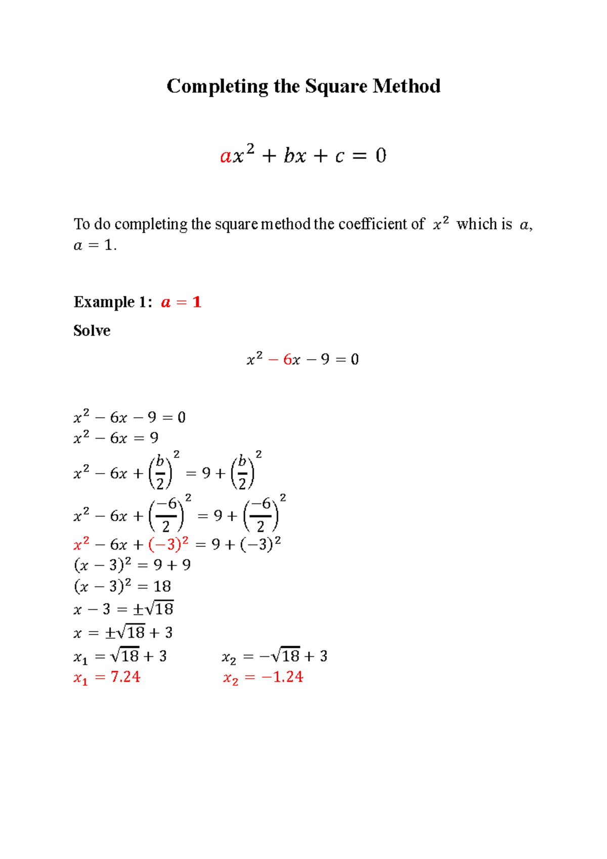 Classwork 2 - Math: Completing the Square Method Explained - Studocu