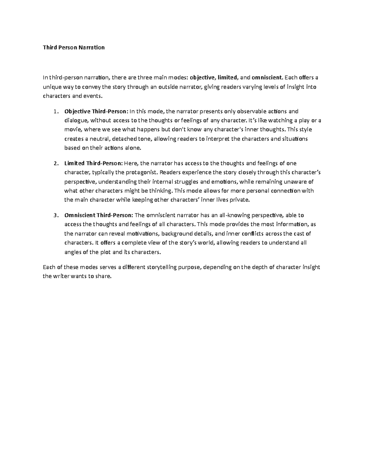 Understanding Third Person Narration: Modes Explained - Studocu