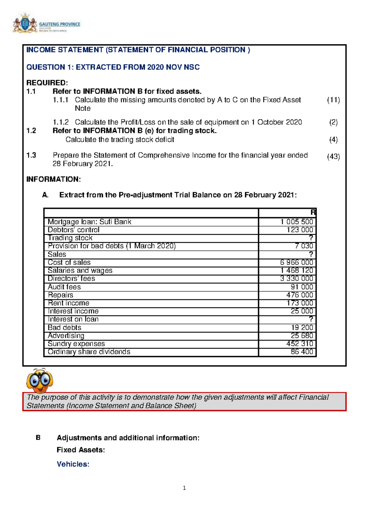Income Statement Calculations for 2020 Nov NSC - Question 1 Analysis ...