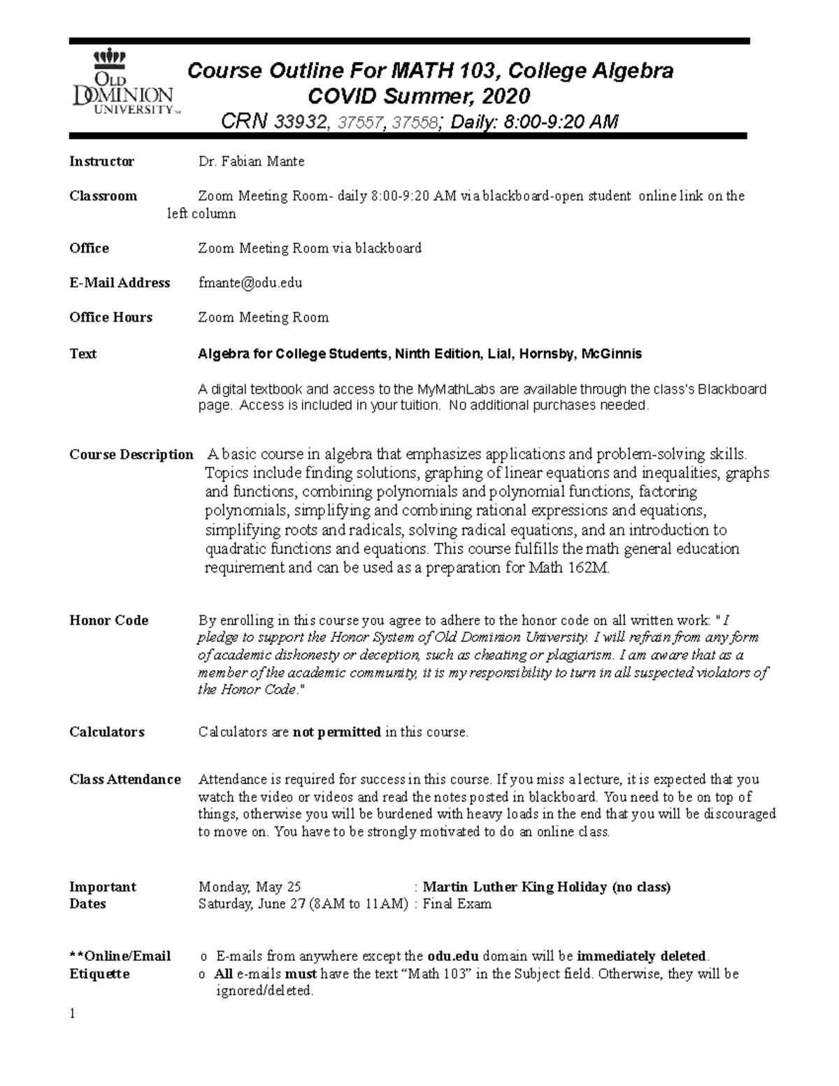 MATH 103 Syllabus - College Algebra Summer 2020 with Schedule - Studocu