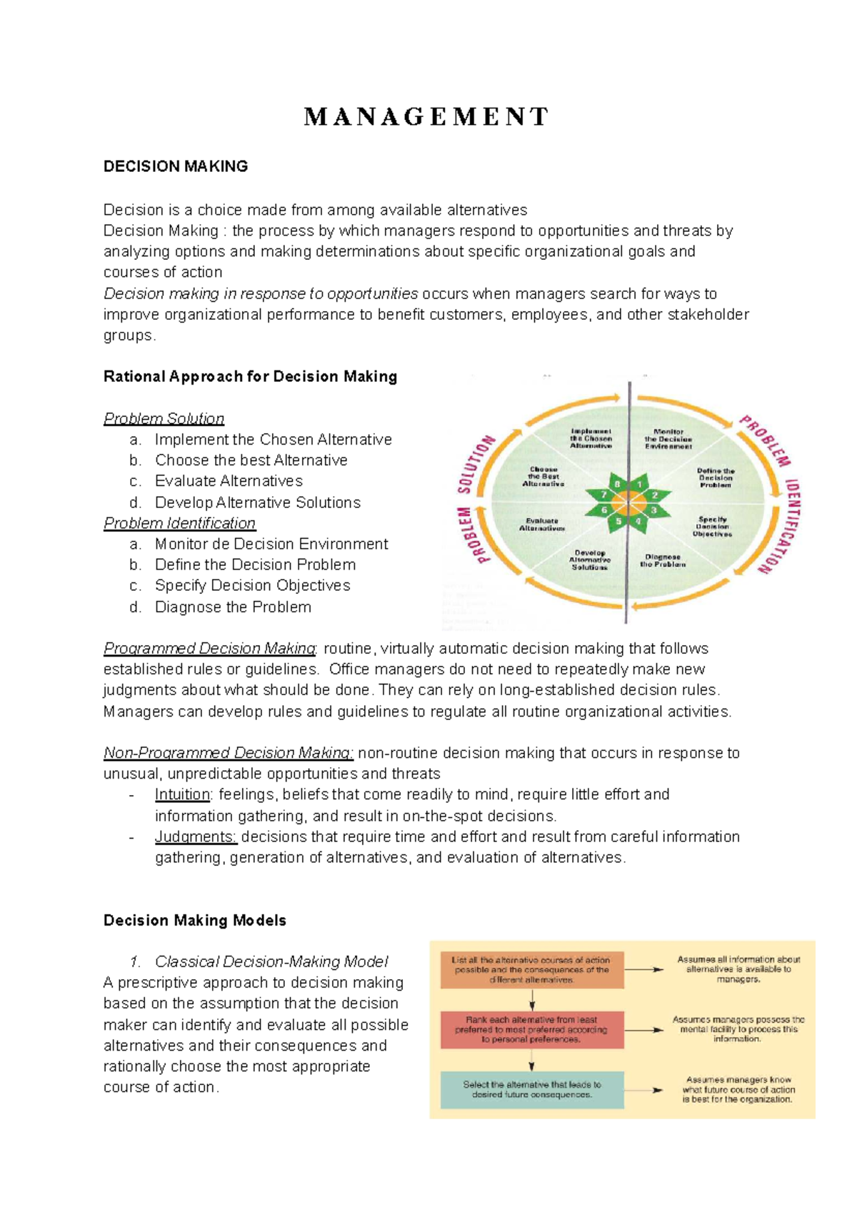 MANAGEMENT 101: Decision Making Processes and Models - Studocu