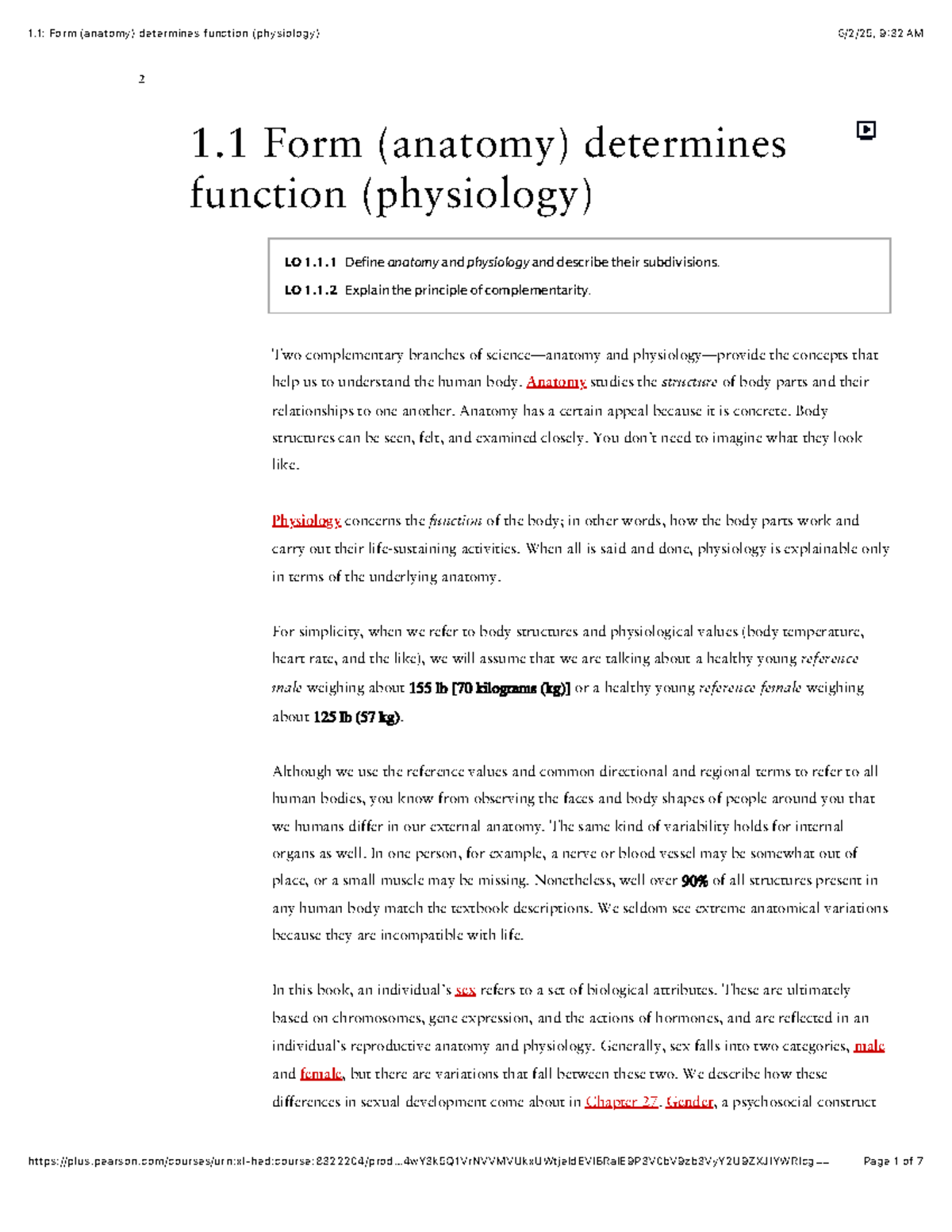 Anatomy & Physiology (LO 1.1): Structure-Function Complementarity ...