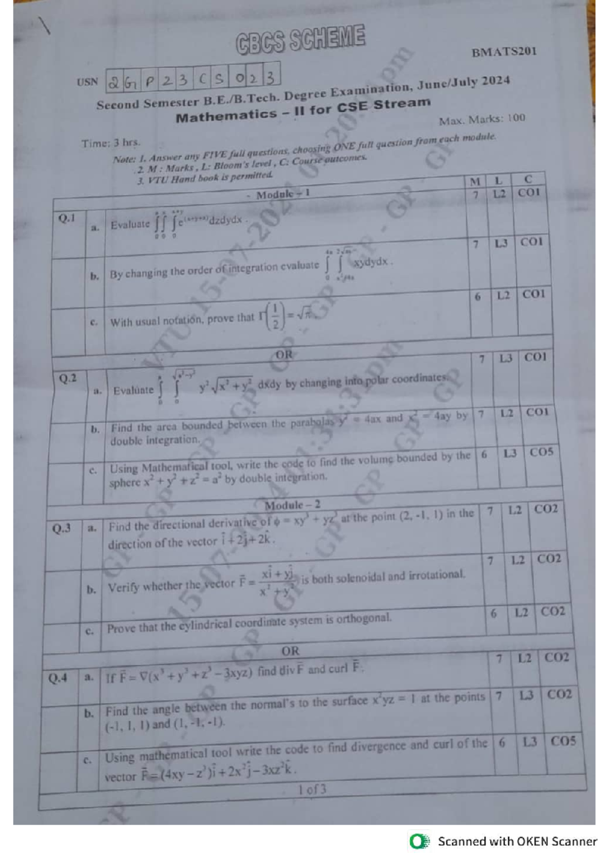 Mathematics II Exam PYQ - BMATS201 - 2GP23CS023 - 2024 - Studocu