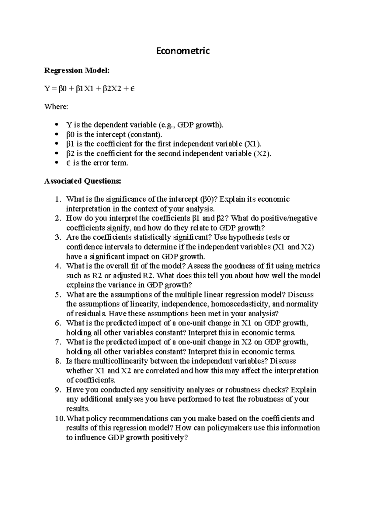 Econometrics - Regression Analysis & Model Evaluation Exercise - Studocu