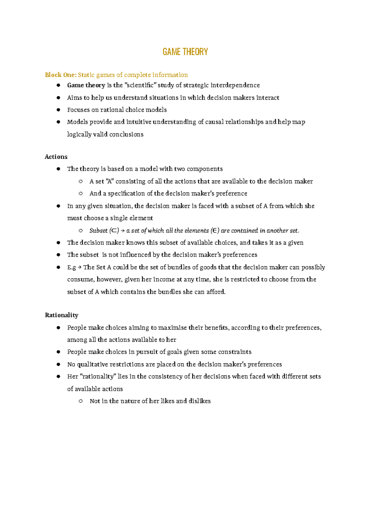 GAME THEORY 101: Static Games of Complete Info - Block One Notes - Studocu