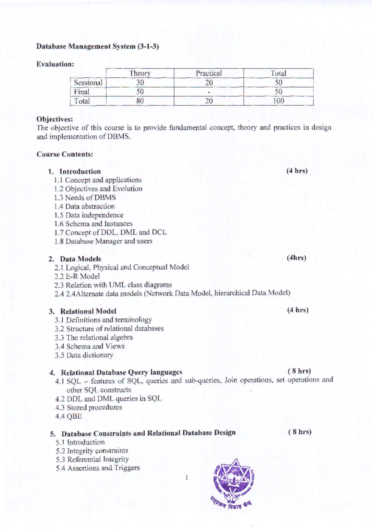 DBMS - DBMS Syllabus - Database Mana gement System (3-1-3) Ev aluation ...