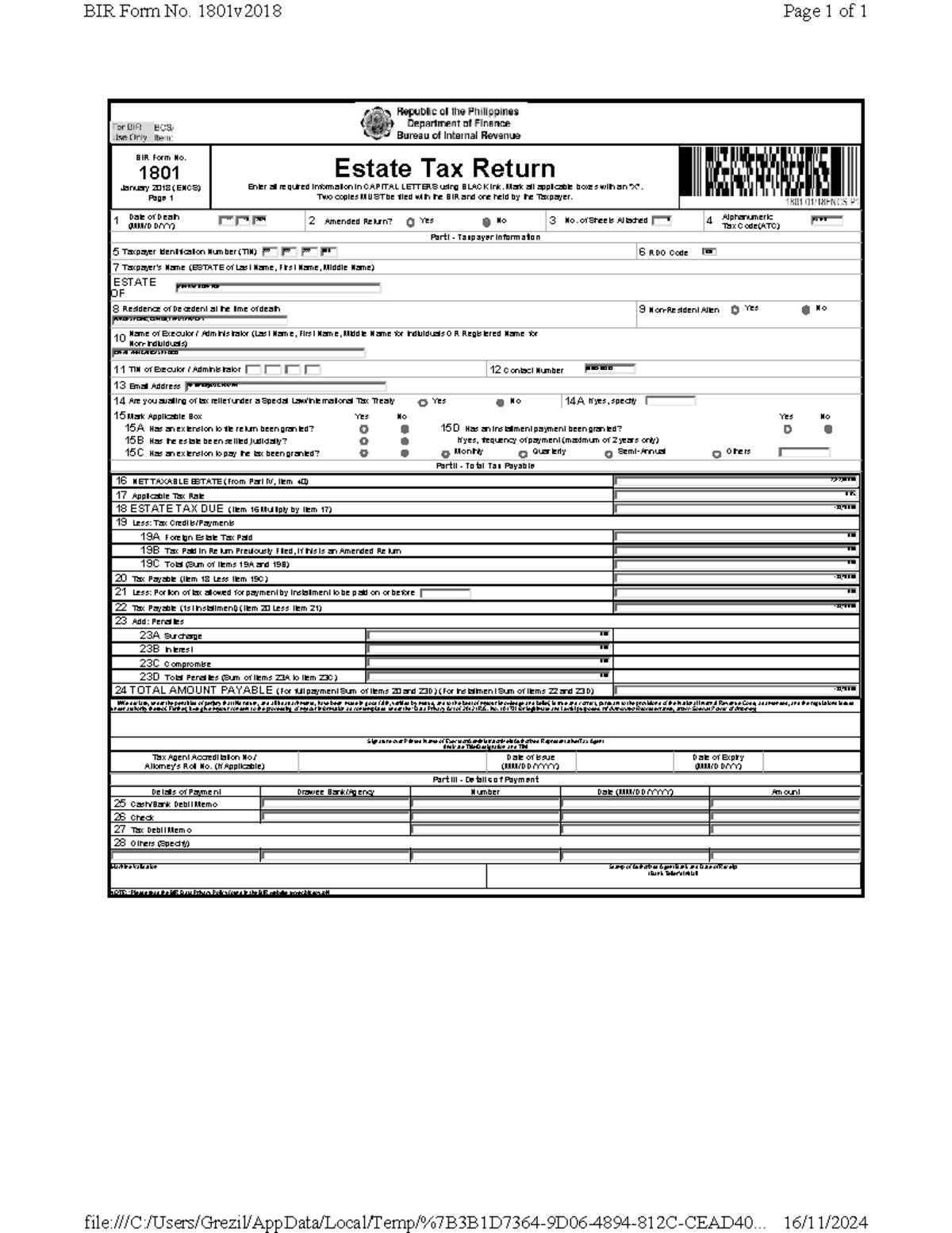 BIR Form No. 1801 Estate Tax Return Instructions (ENCS) - Studocu