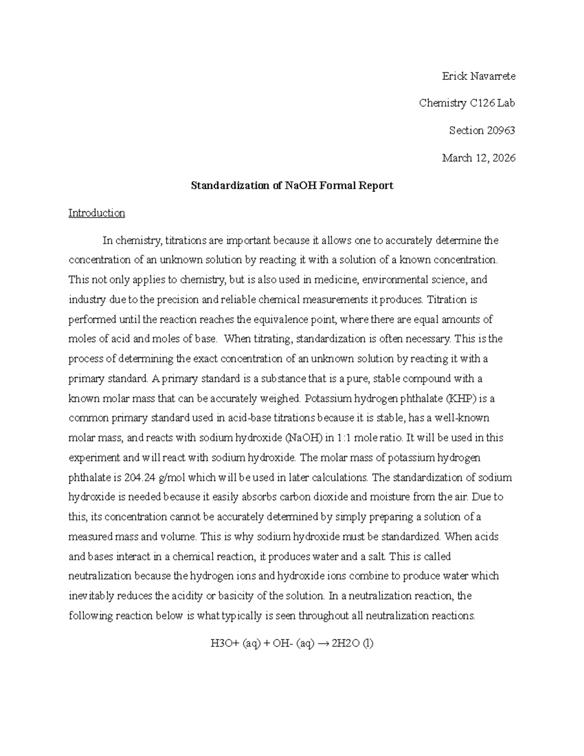 Chemistry C126 Lab 20963: Standardization of NaOH Report - Studocu