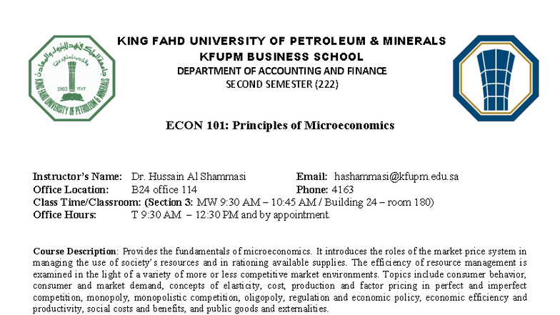 Econ 101: Principles of Microeconomics Syllabus - KFUPM 222 - Studocu