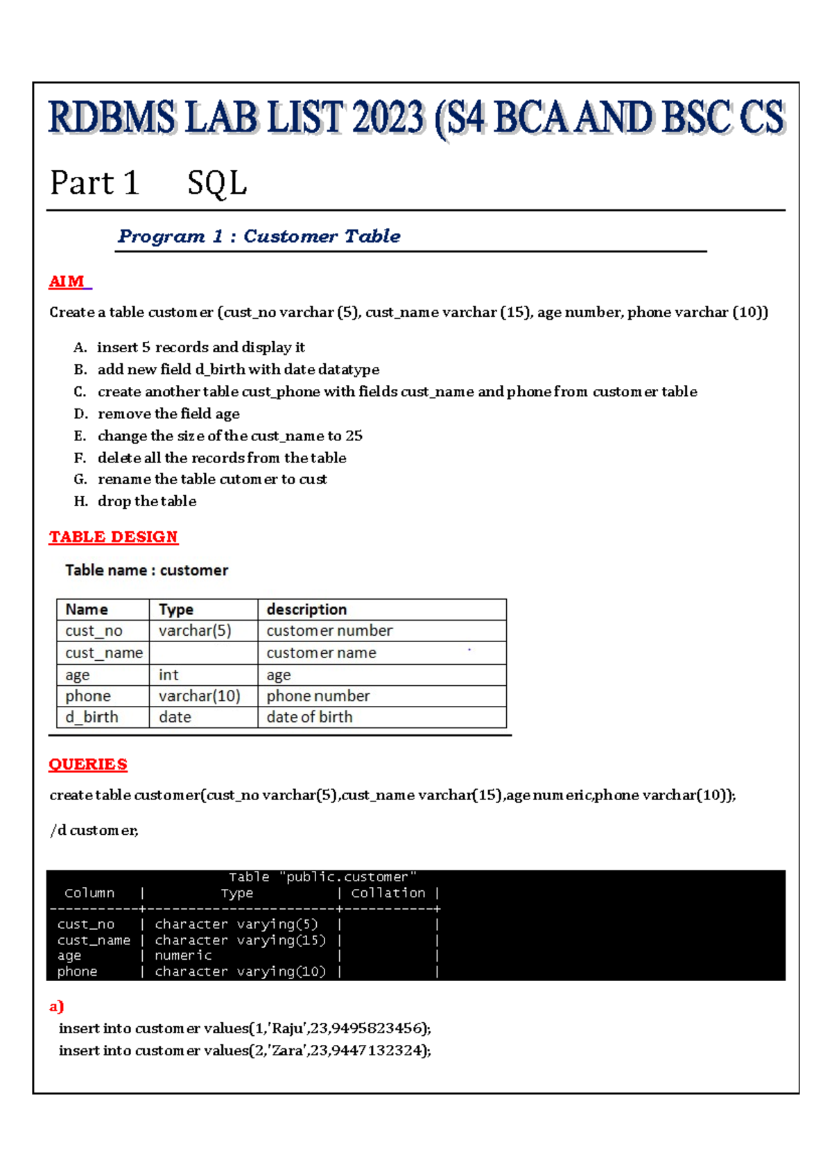 DBMS LAB FULL - SQL Program for Customer, Hospital, and Bank Tables ...