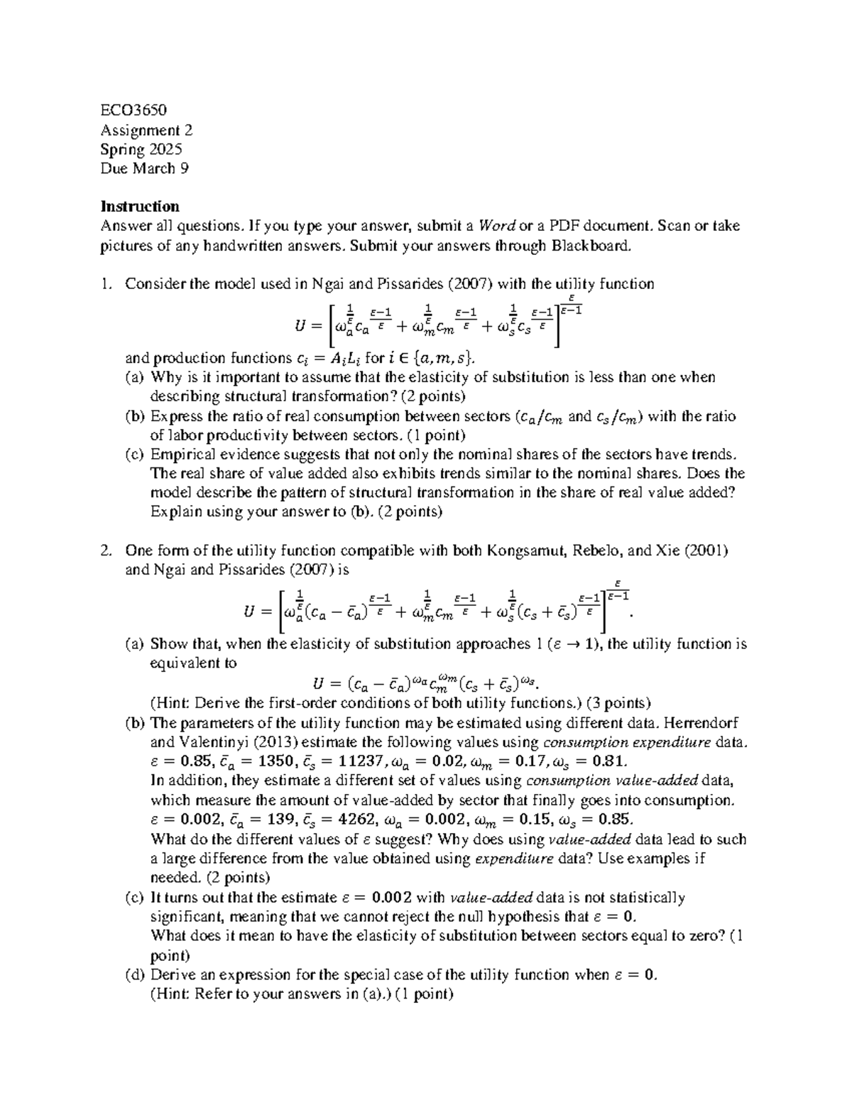 ECO3650 Assignment 2 due Mar 9 - ECO Assignment 2 Spring 2025 Due March ...