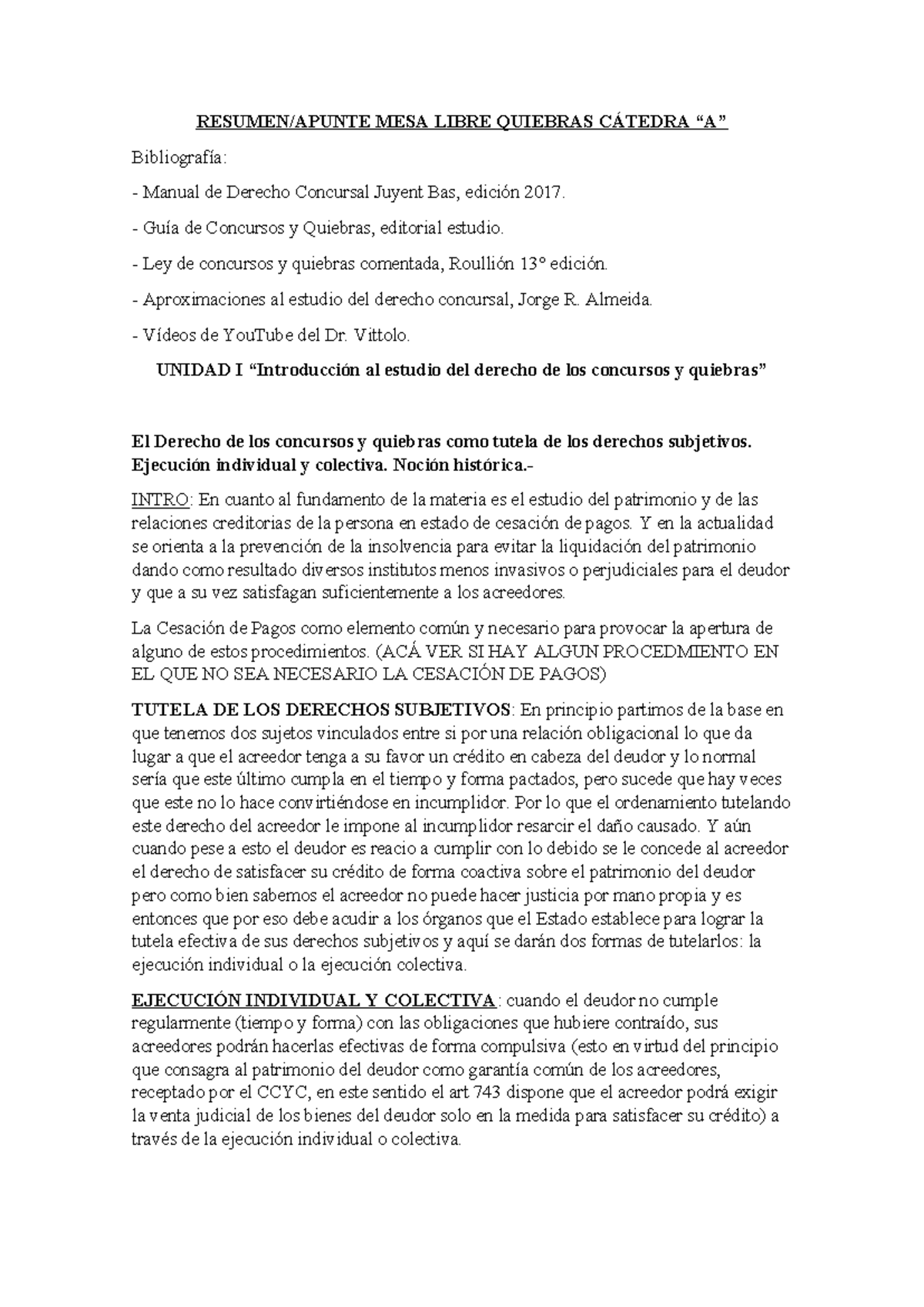 Resumen de Unidades 1 a 4 - Derecho Concursal (Cátedra A) - Document Preview