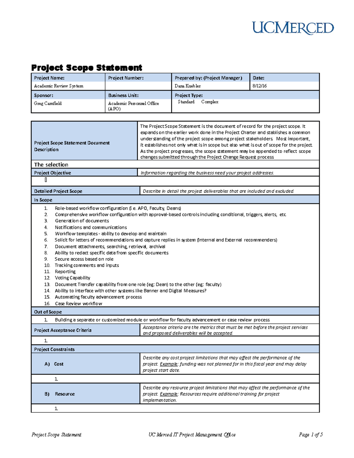 Status report template 31 - Project Scope Statement UC Merced IT ...
