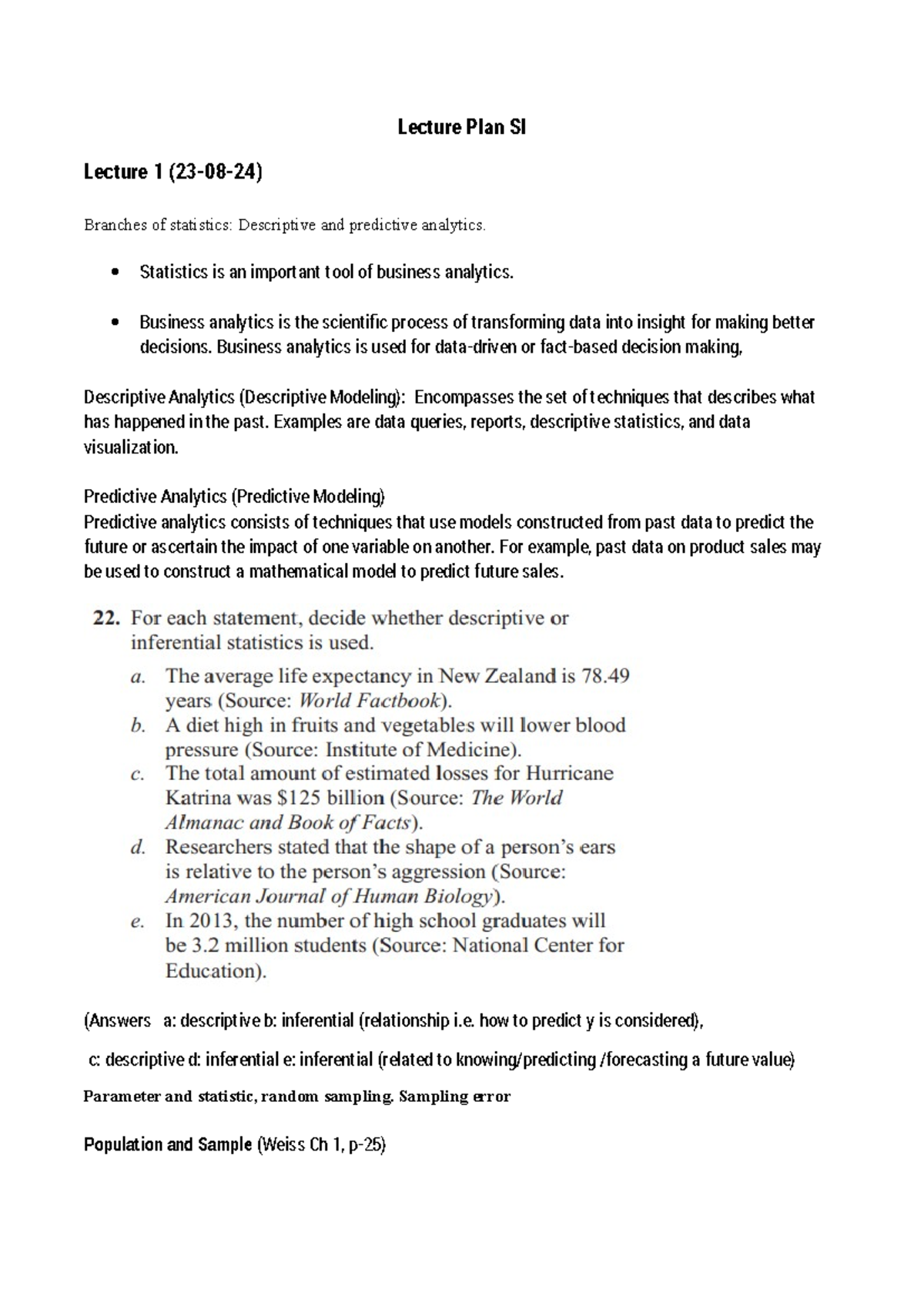 Updated Lectures 1 - 4 - lecgure - Lecture Plan SI Lecture 1 (23-08-24 ...