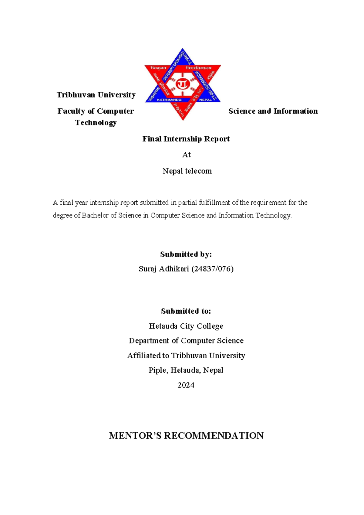 B.Sc. in Computer Science & IT Final Internship Report at Nepal Telecom ...