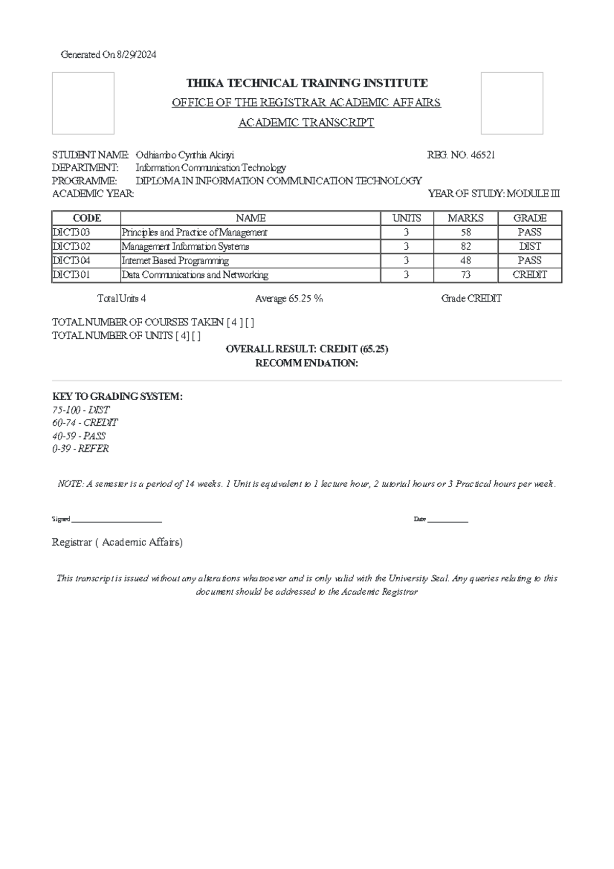 Transcript for Diploma in ICT - Reg. No. 46521 - Year of Study - Studocu