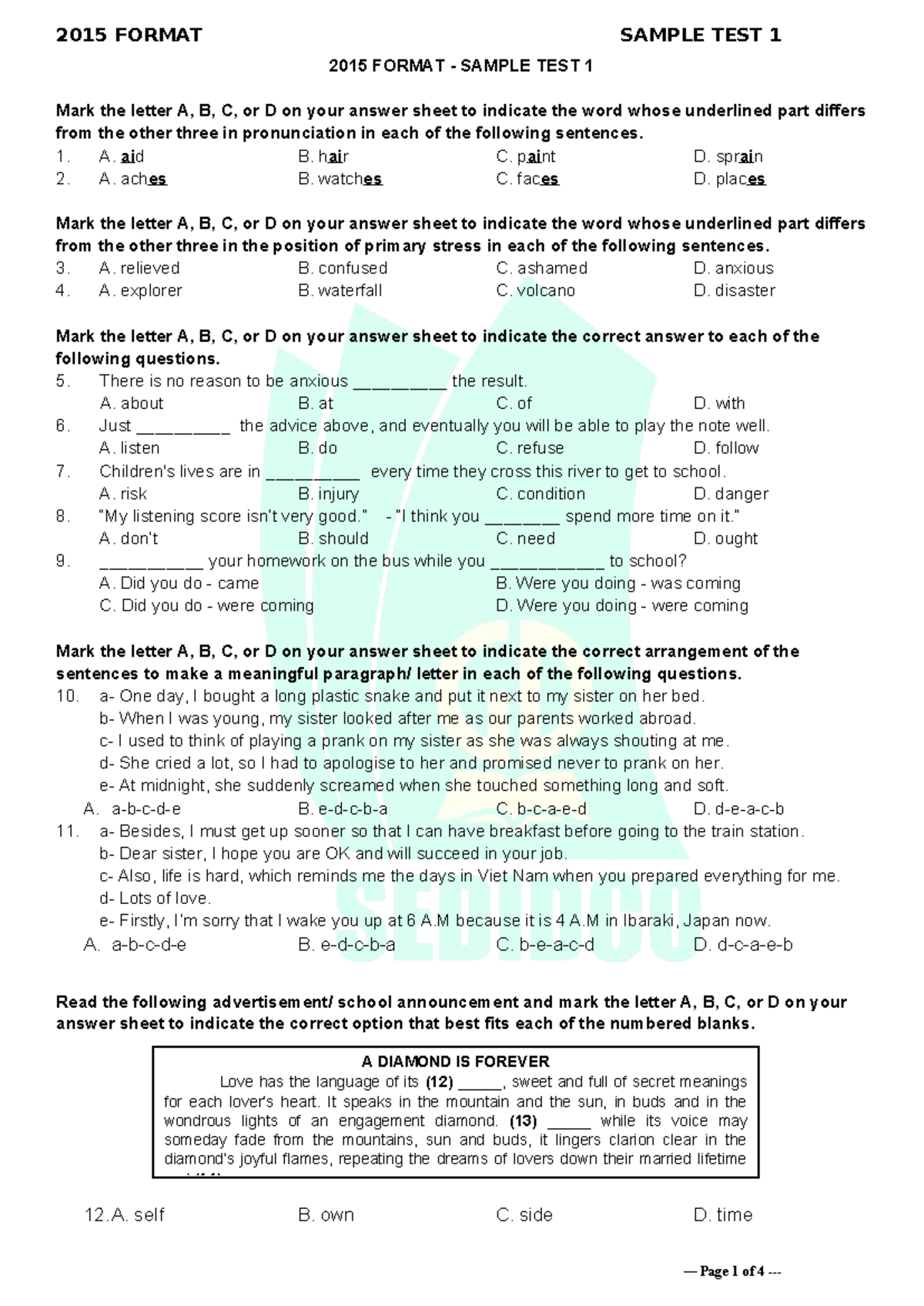 Test 1 2025 Format - Sample Questions for THPTQG Exam - Studocu