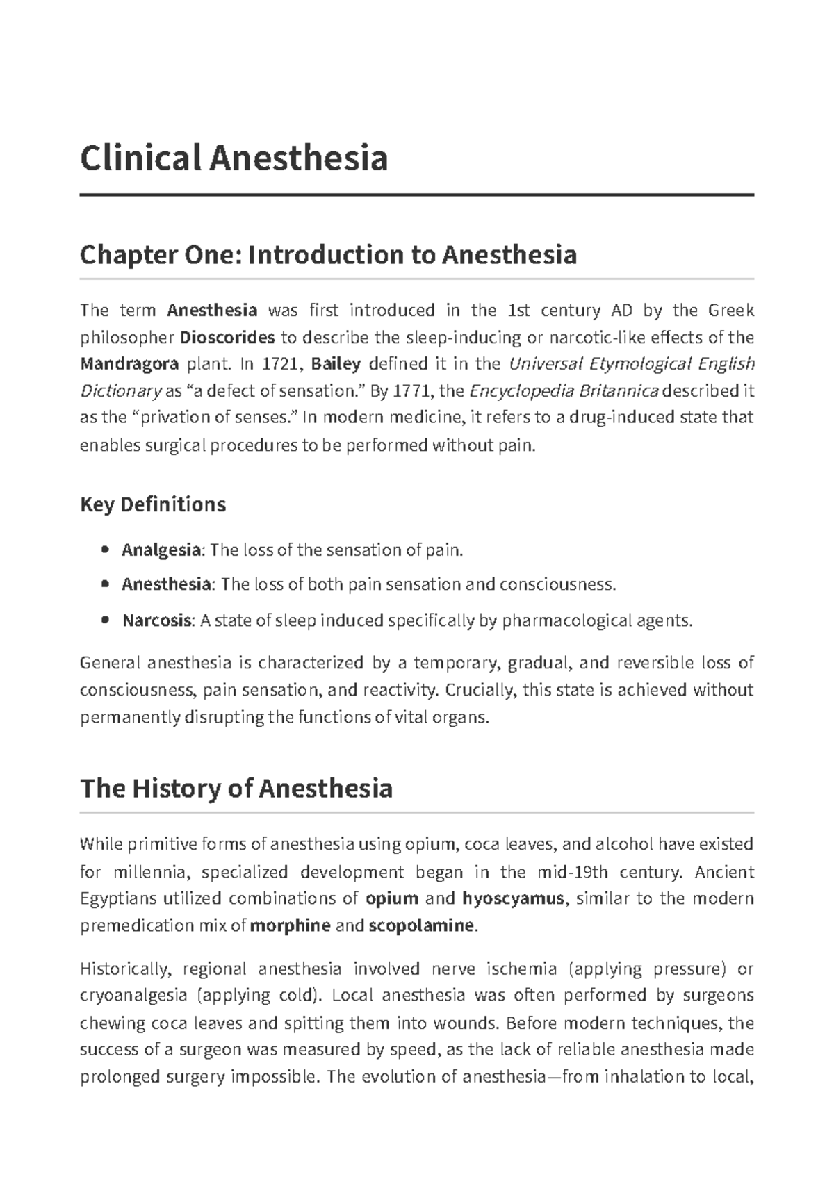 Clinical Anesthesia CH 1: Intro to Anesthesia & History - Studocu