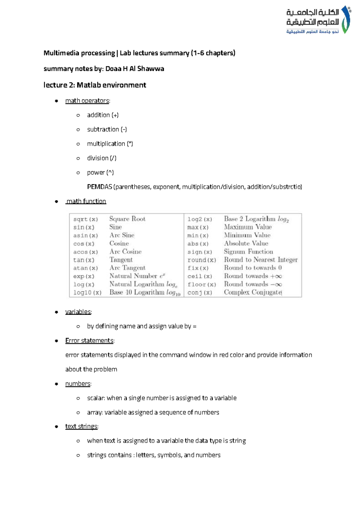 Multimedia Processing Lab (CS101) Lecture Summary Notes - Studocu