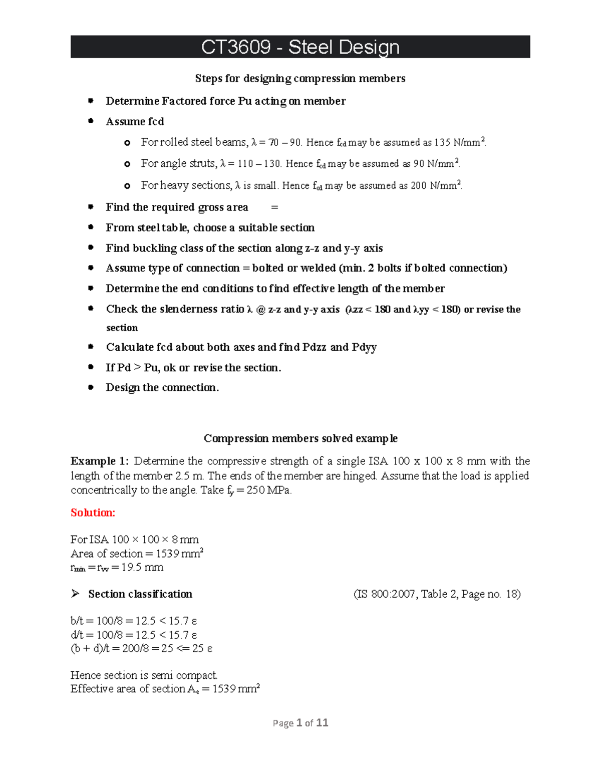 Compression Members Design - Solved Examples for IS 800:2007 - Studocu