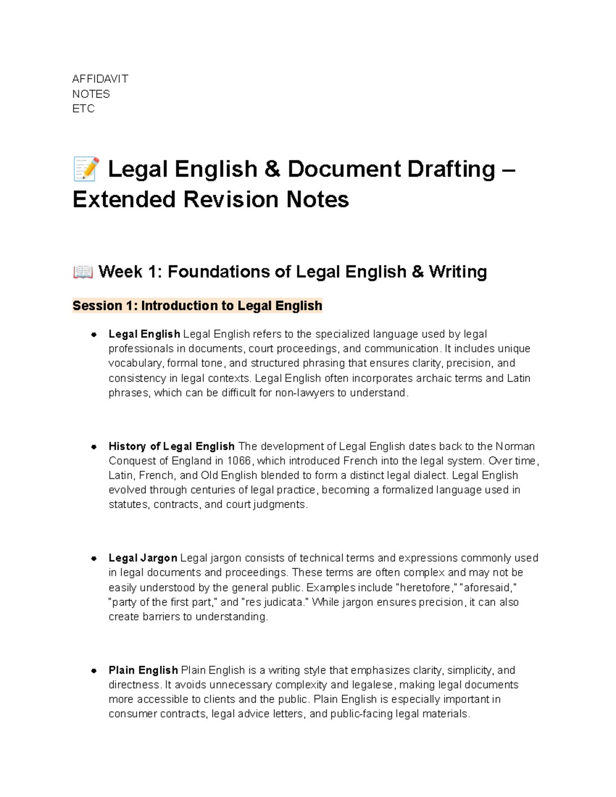 LLWD 2025 - Legal English Document Drafting: Week 1 Revision Notes ...