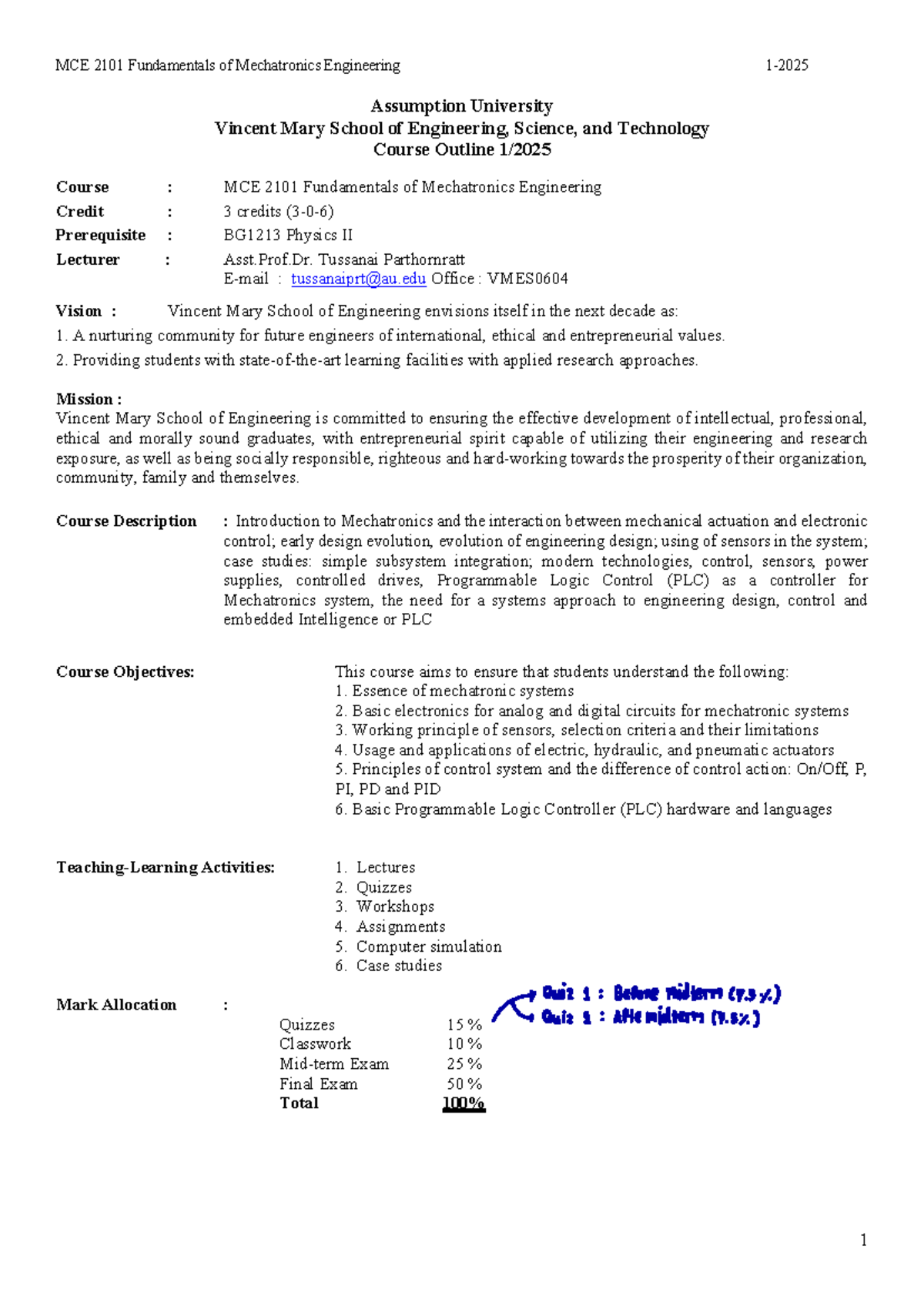 MCE 2101 Course Outline: Fundamentals of Mechatronics Engineering 2025 ...