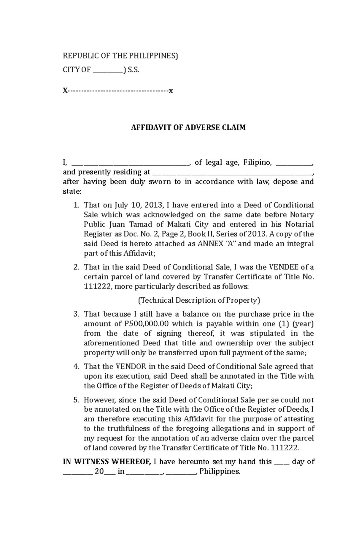 Affidavit of Adverse Claim for TCT No. 111222 in the Philippines - Studocu