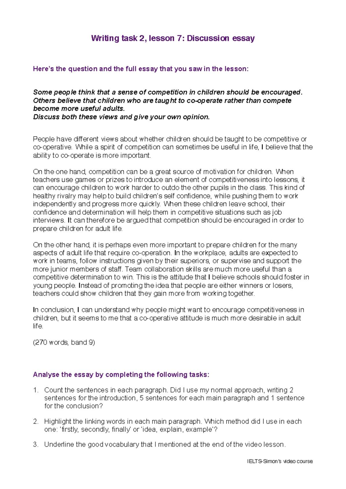 IELTS Simon Writing Task 2: Discussion Essay Analysis & Worksheet - Studocu