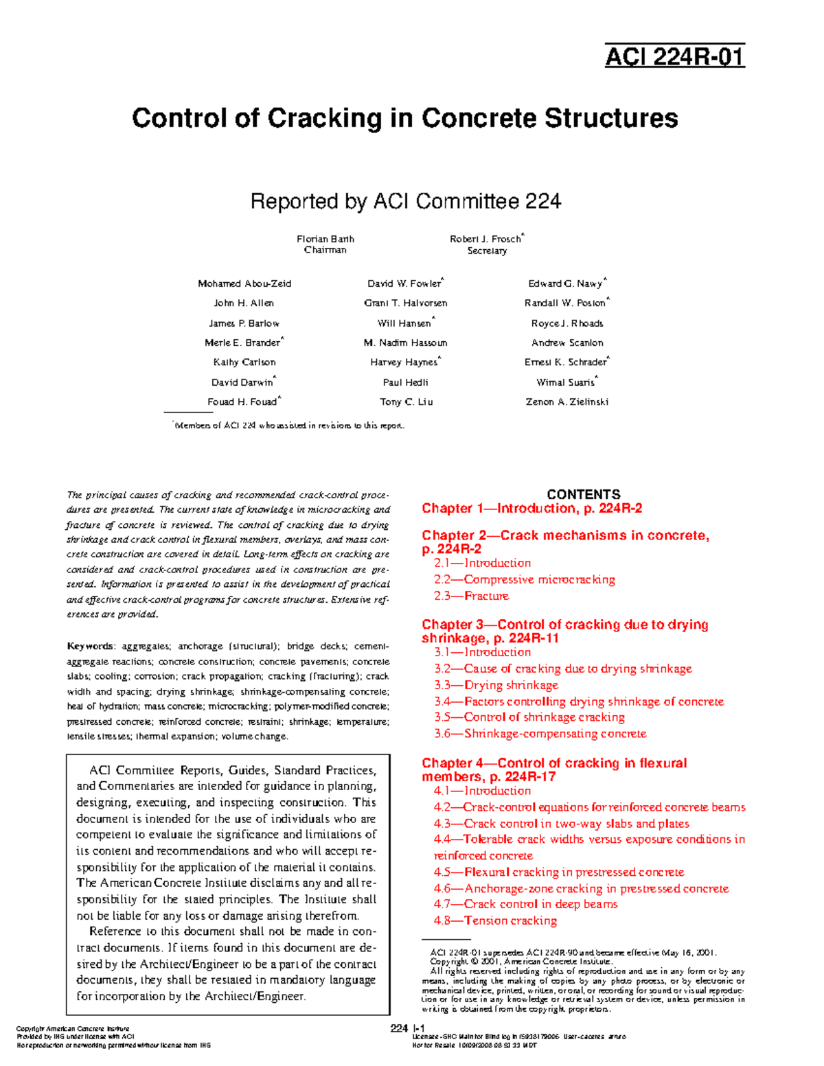 ACI 224R-01: Control of Cracking in Concrete Structures Report - Studocu
