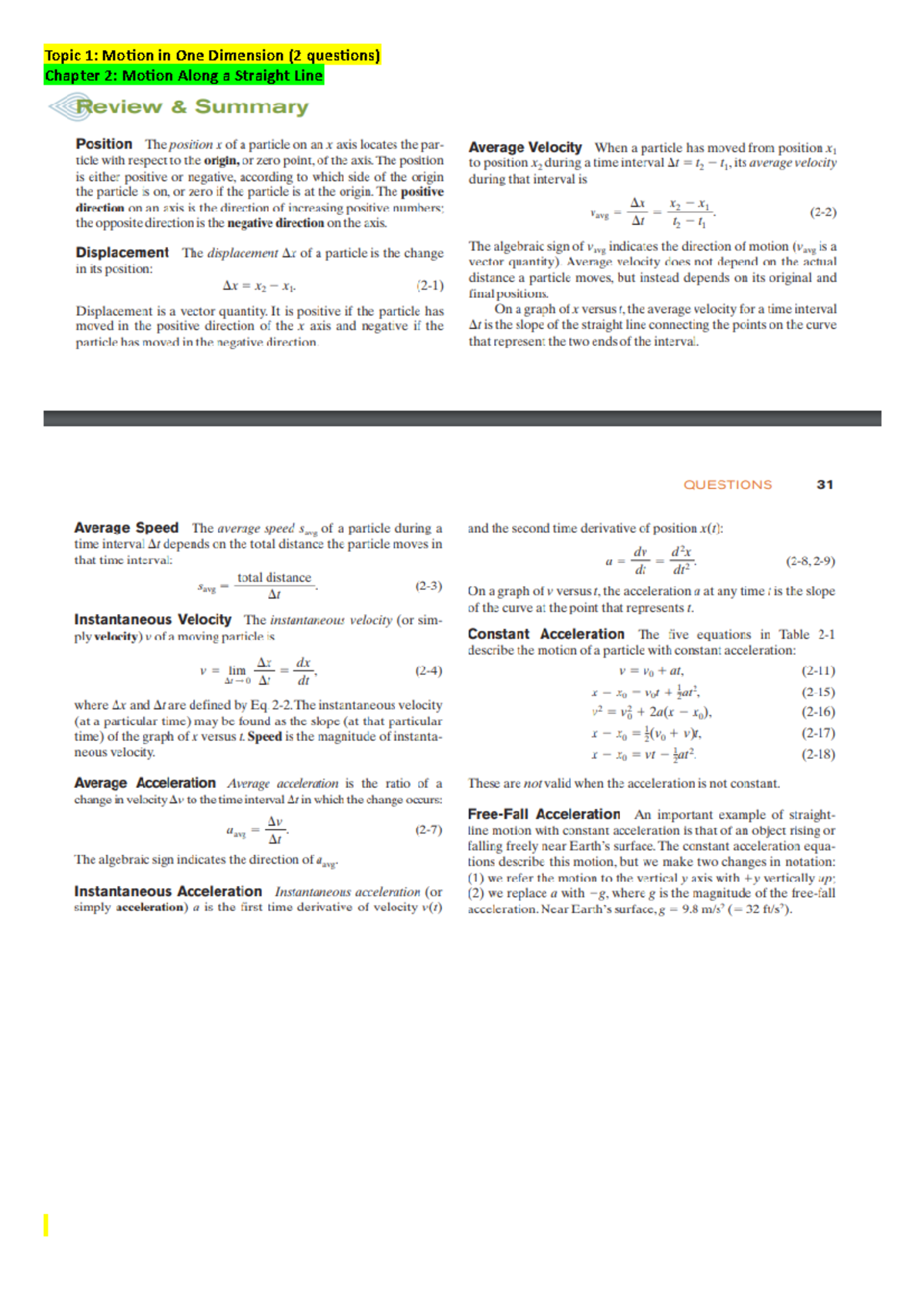 Physics Final Exam Notes - Topic 1: Motion in One Dimension (2 ...