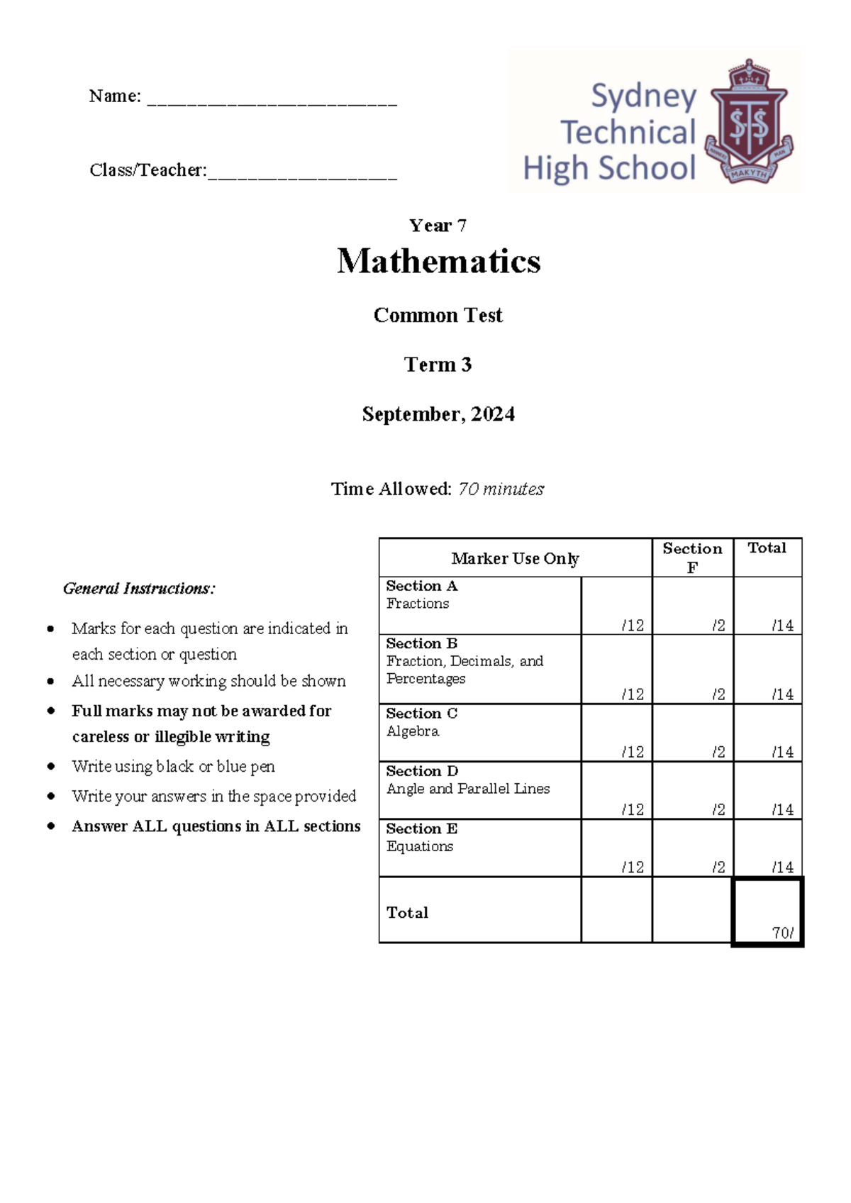 Year 7 Mathematics Common Test Term 3 - September 2024 - Studocu