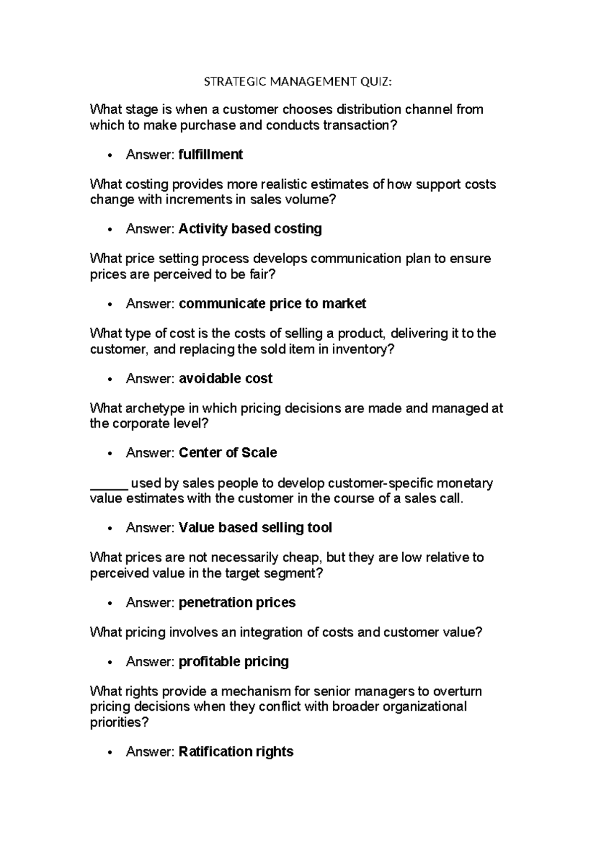 Strategic Management Quiz: Key Concepts and Answers - Studocu